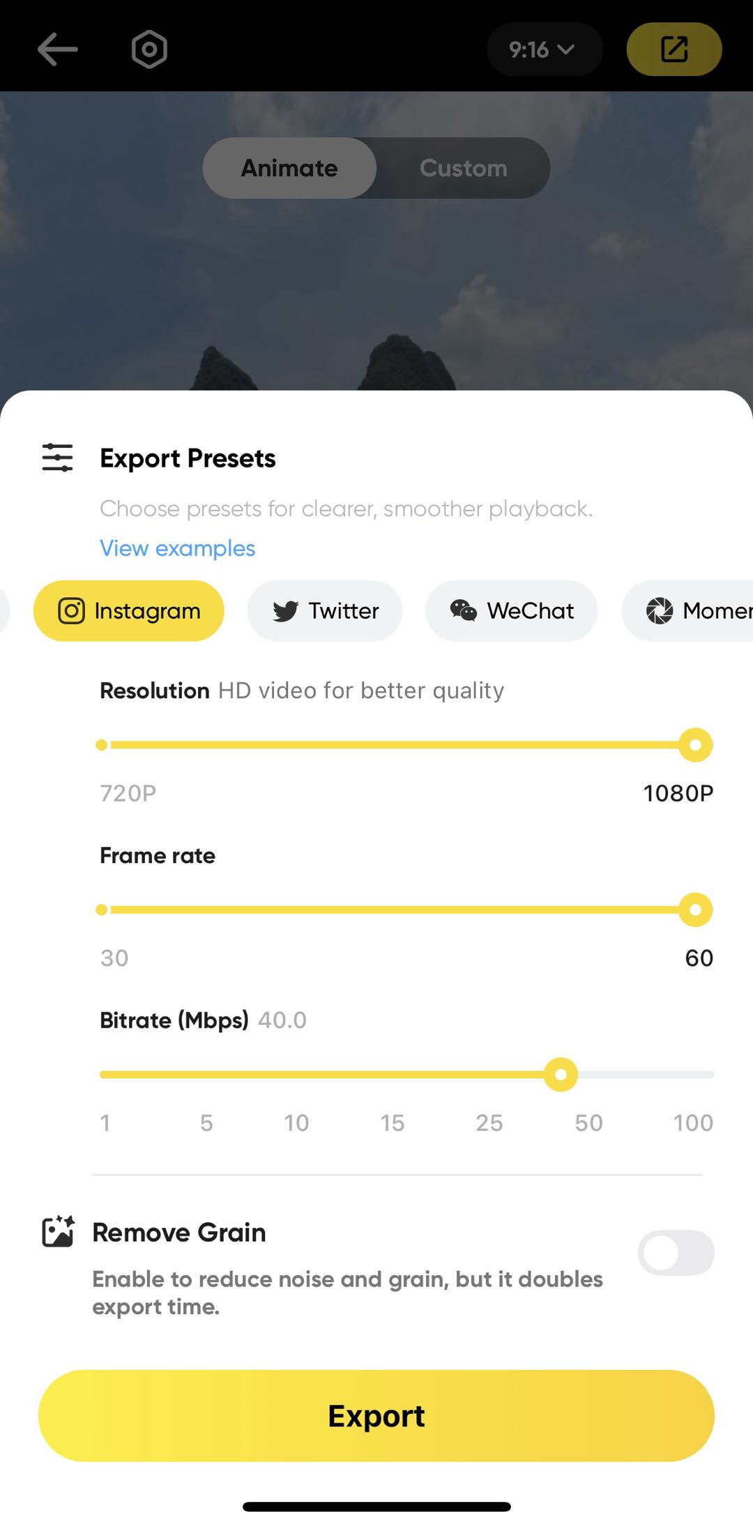 Paramètres d'exportation dans l'application Insta360 pour partager des photos à 360° sur Instagram. La photo agit comme une vidéo à 360° sur Instagram.